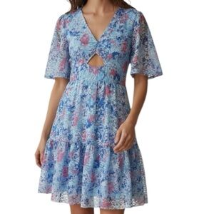 NWT BAR III Floral Lace Short Sleeve Front Cutout Ruffle Hem Dress Size Small
